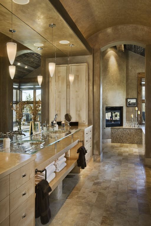 Contemporary Master Bathroom with Think Glass Countertops, Paint 1, LBL Lighting Tear Drop Wall Sconce