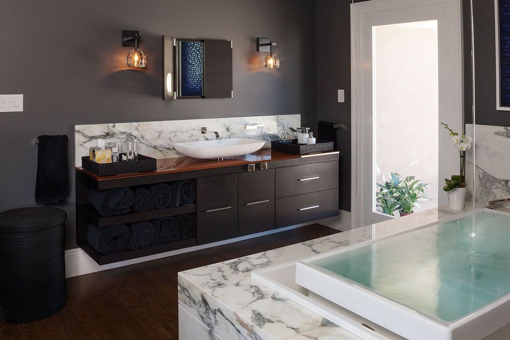Contemporary Master Bathroom with drop in bathtub, Complex Marble, Master bathroom, Vitreous-china white vessel sink, Bathtub