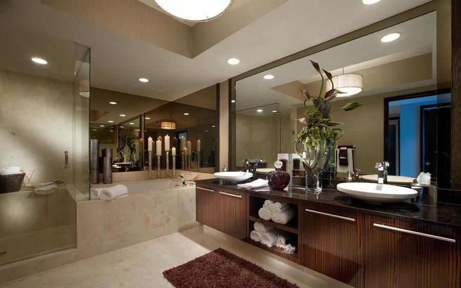 Contemporary Master Bathroom with frameless showerdoor, stone tile floors, Vessel sink, Lacquer cabinets, Paint, can lights