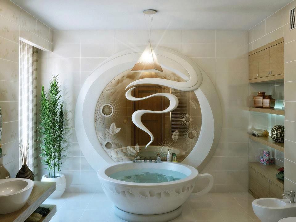 Eclectic Master Bathroom with Cheviot Oval Overcounter Bathroom Sink, Floor to ceiling tile, Porcelain tile, Pendant light