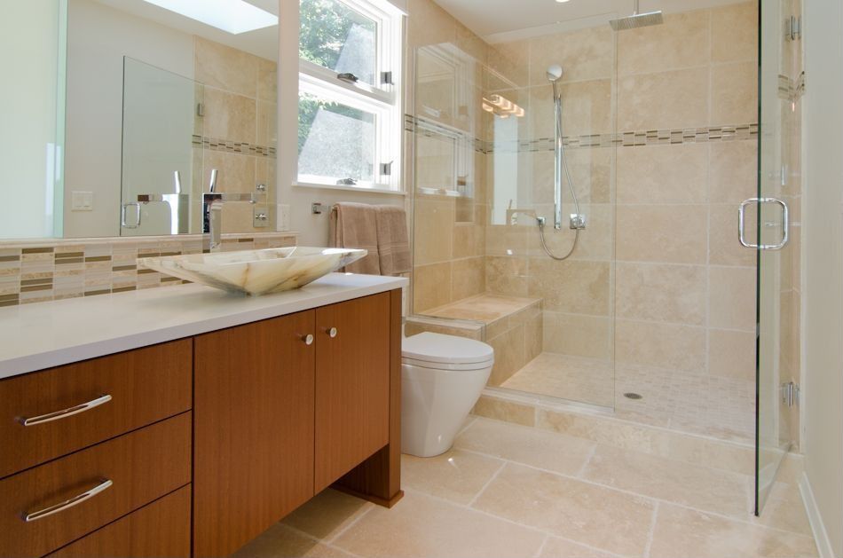 Contemporary 3/4 Bathroom with European Cabinets, wall-mounted above mirror bathroom light, Simple marble counters, Paint
