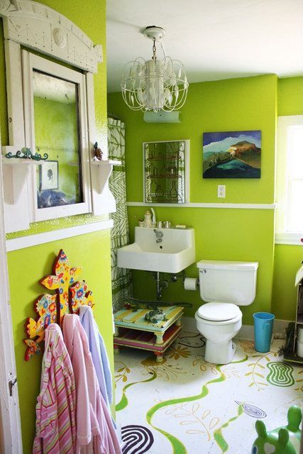 Contemporary Kids Bathroom with Hickory Manor House Beadboard Mirror, Concrete floors, Chandelier, Chair rail, Pedestal sink