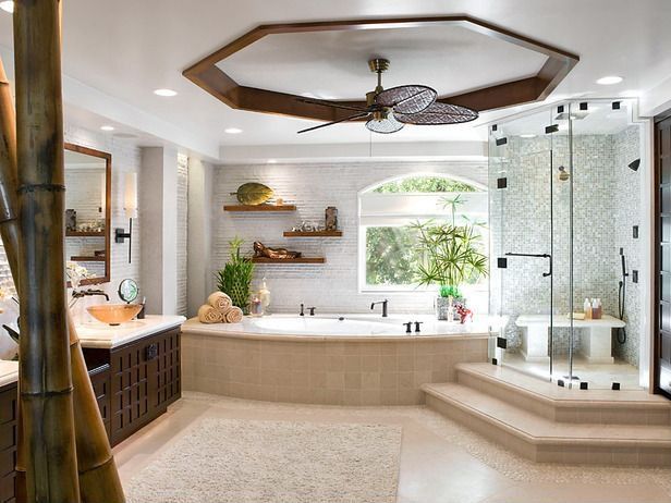 Tropical Master Bathroom with SomerTile Arbor Subway White Glass Mosaic Tile (Case of 80), Bathtub, Raised shower, Shower