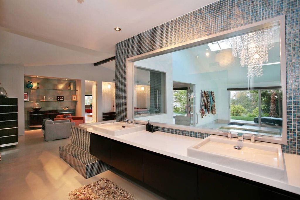 Contemporary Full Bathroom with Master bathroom, Standard height, Concrete floors, can lights, Drop-in sink, Skylight, Flush