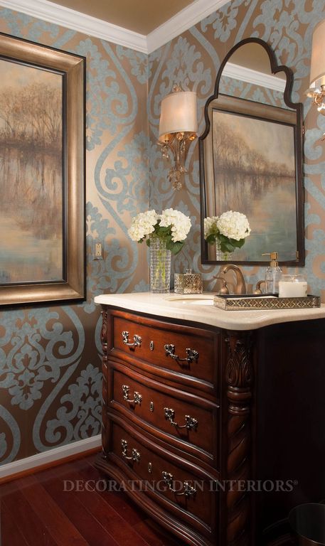 Traditional Powder Room with Inset cabinets, Wall sconce, Hardwood floors, Mirror image home hand carved wall mirror, Paint