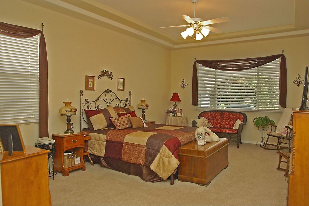 Traditional Master Bedroom with Carpet, Ceiling fan, Standard height, picture window