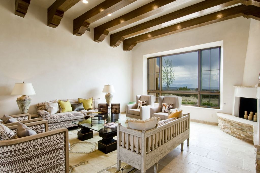 Contemporary Living Room with double-hung window, can lights, Exposed beam, Concrete tile , Casement, Carpet, Standard height