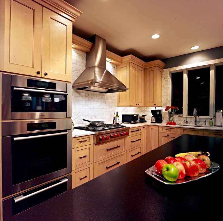 Traditional Kitchen with Soapstone counters, electric cooktop, Paint 1, Walker Zanger Potomac White Marble, full backsplash