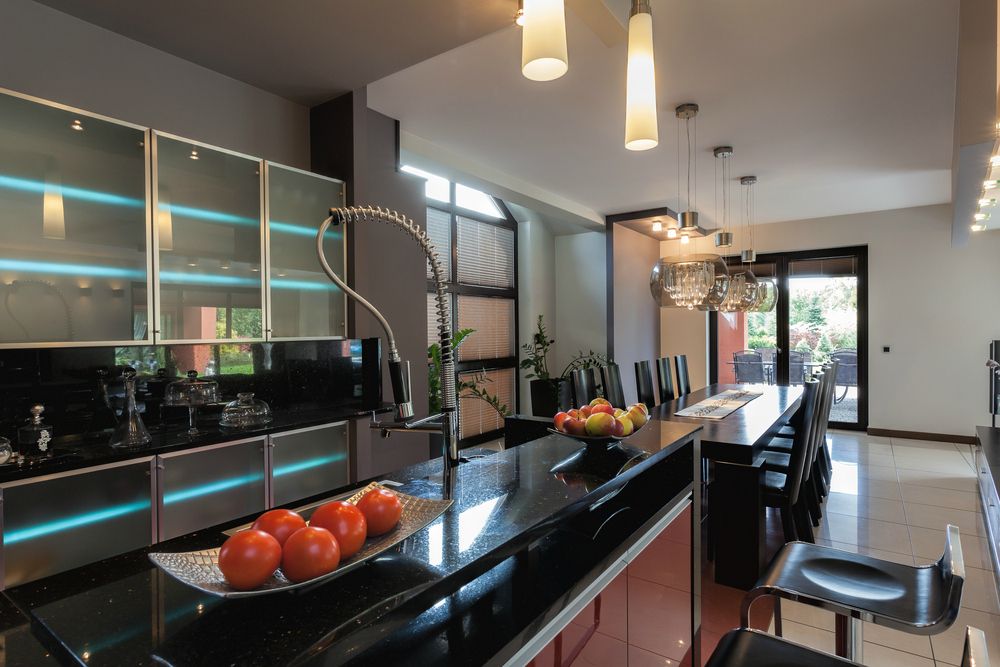 Modern Kitchen with Paint 1, Quartz, One-wall, Glass panel, flush light, Pendant light, full backsplash, Drop-in sink, Flush