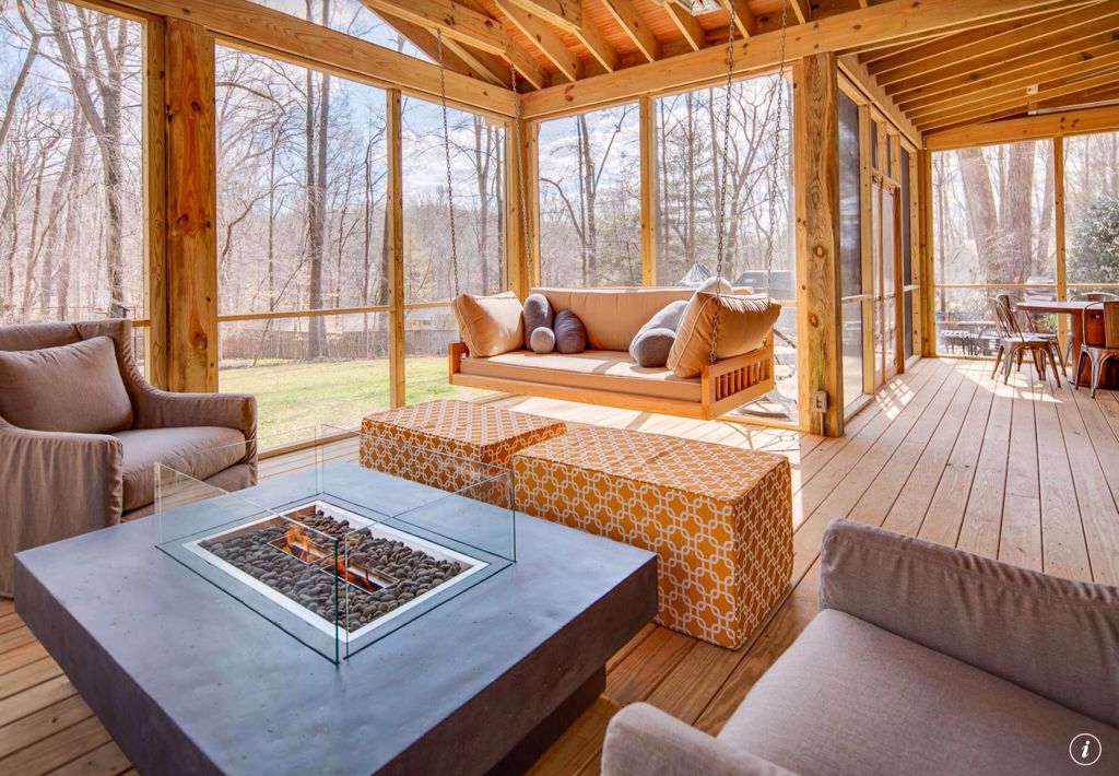 Contemporary Porch with Porch swing, Guy chaddock collection poole skirted wing chair uc3153, Fence, picture window, Fire pit