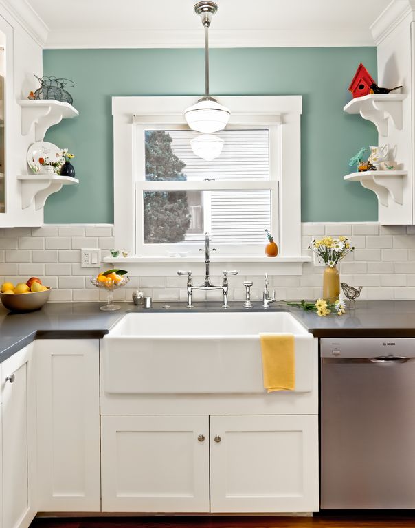 Cottage Kitchen with Rohl shaws classic modern apron sink, Glass panel, dishwasher, Farmhouse sink, Soapstone counters, Flush