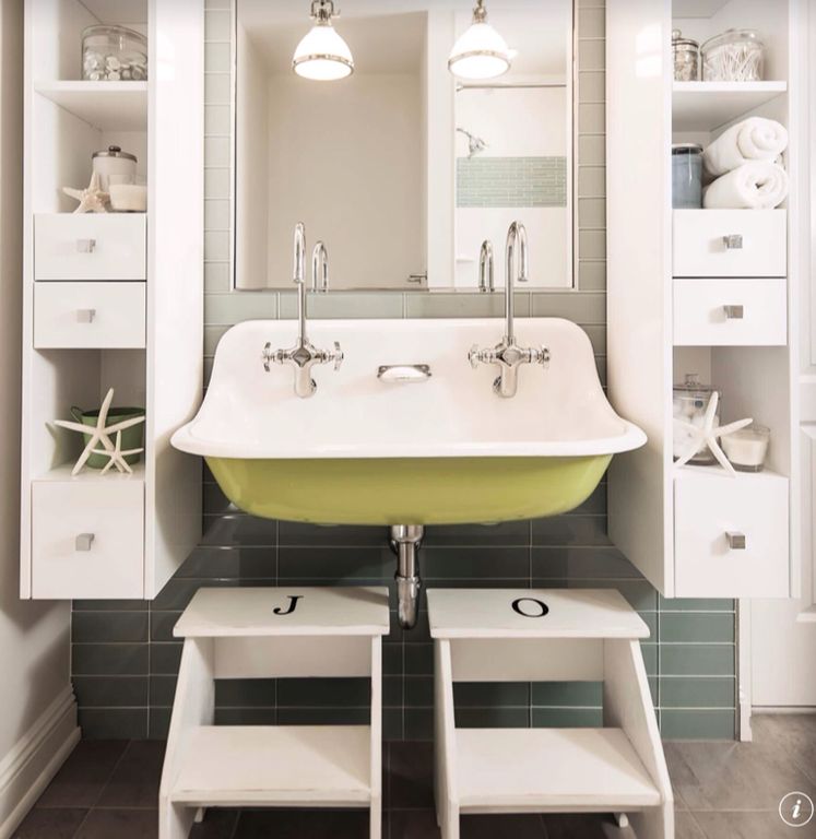 Contemporary Full Bathroom with Wall mounted sink, Pendant light, Kids bathroom, Ikea Bekvam Step Stool