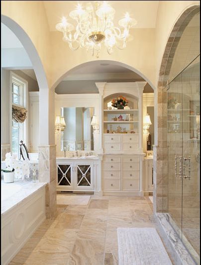 Traditional Master Bathroom with Shower, Paint 2, Master bathroom, Standard height, Bathtub, Chandelier, stone tile floors