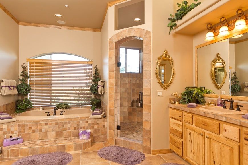 Rustic Full Bathroom with Framed Partial Panel, Daltile fidenza dorado 2 in. x 2 in. ceramic bullnose corner wall tile