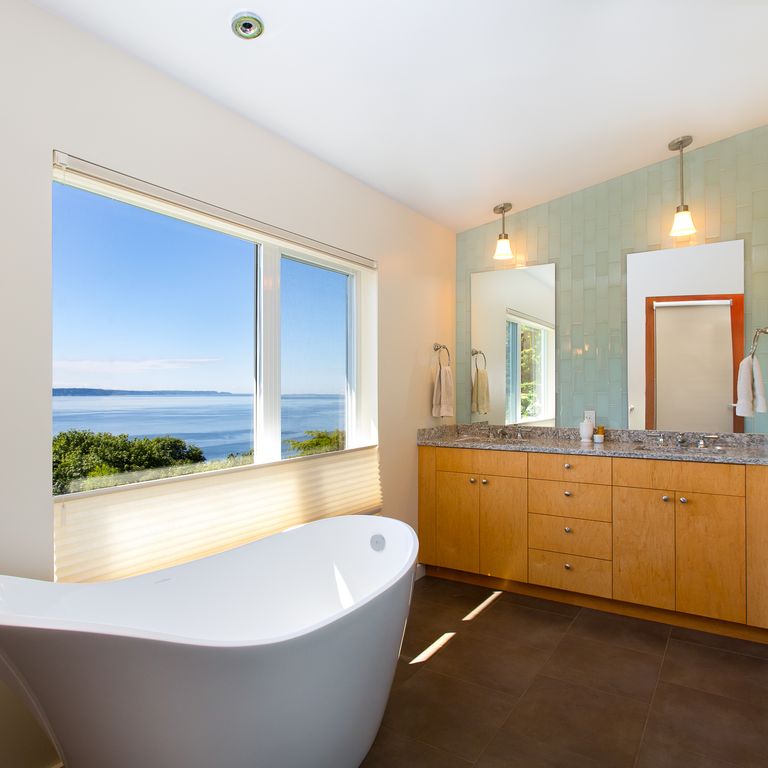 Modern Master Bathroom with Simple Granite Tile, Standard height, Master bathroom, Simple granite counters, Stone Tile, Flush