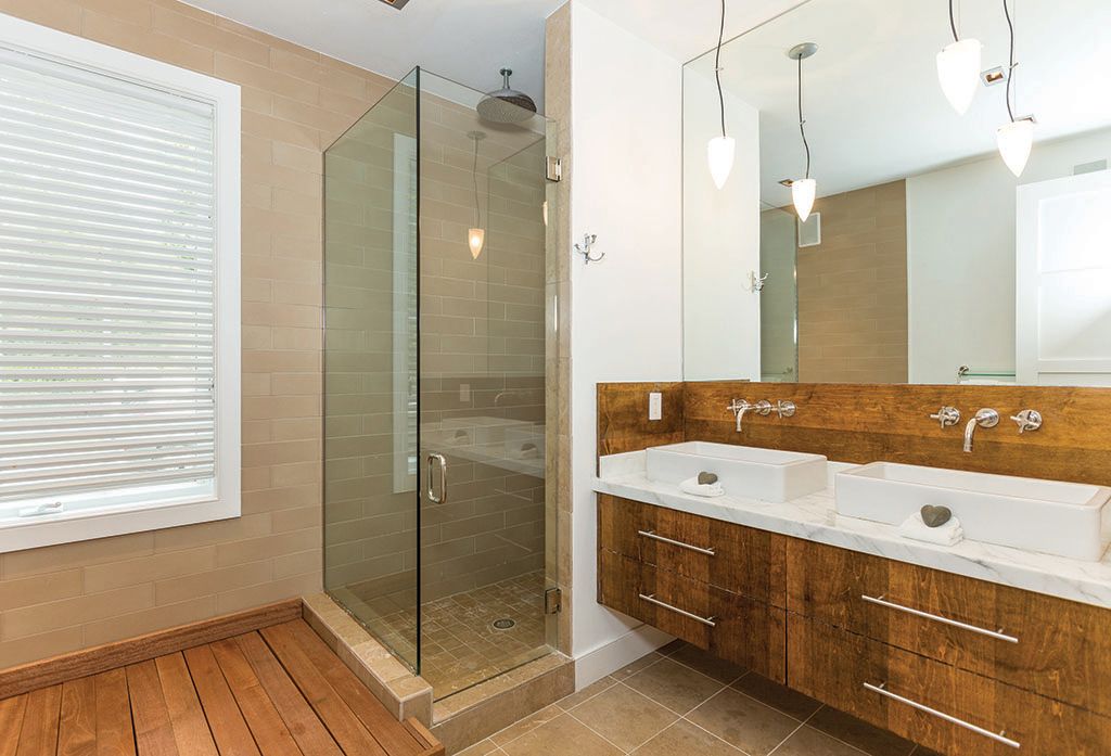Contemporary Master Bathroom with European Cabinets, Complex Marble, Double sink, Flush, partial backsplash, Casement, Shower