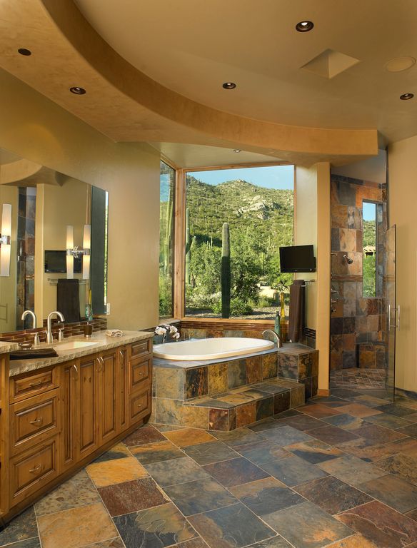 Rustic Master Bathroom with Undermount sink, Master bathroom, Shower, partial backsplash, Pental - raja multi slate 12x12