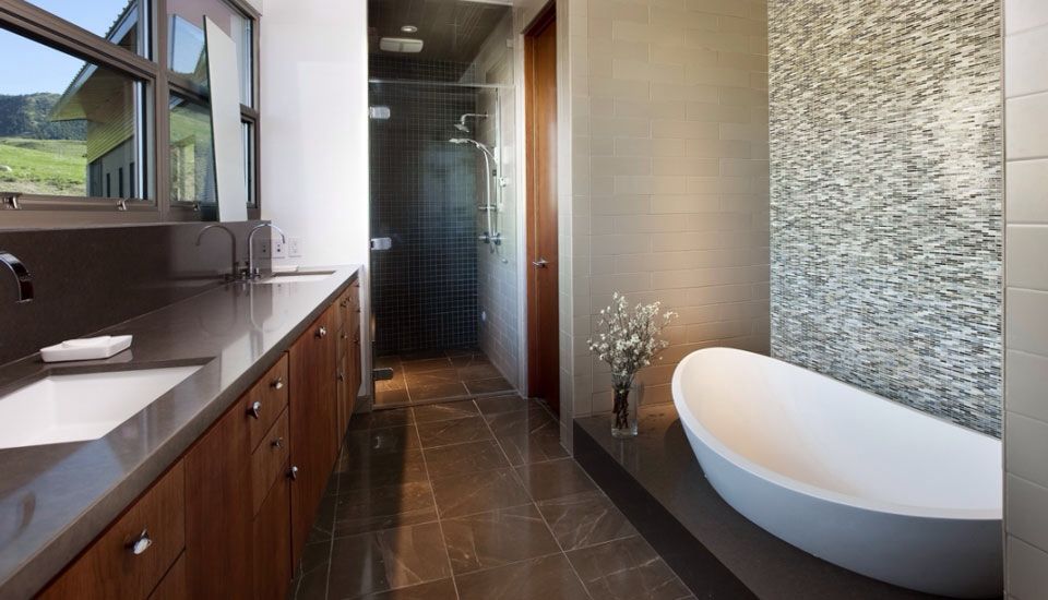 Contemporary Master Bathroom with Bathtub, can lights, Jeffrey court emperador 6 in. x 6 in. honed marble floor/wall tile