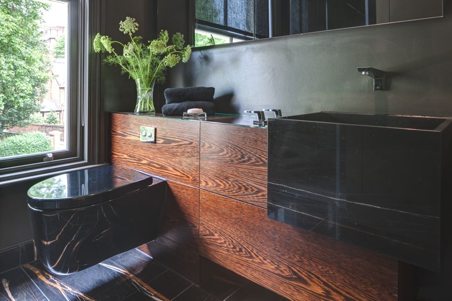 Contemporary Powder Room with Standard height, Black marble floor tiles, Farmhouse sink, Paint 1, Powder room, Casement