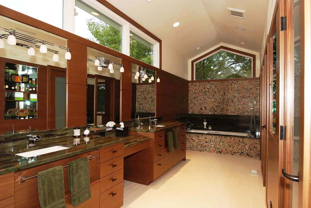 Contemporary Master Bathroom with wall-mounted above mirror bathroom light, can lights, full backsplash, French doors, Flush