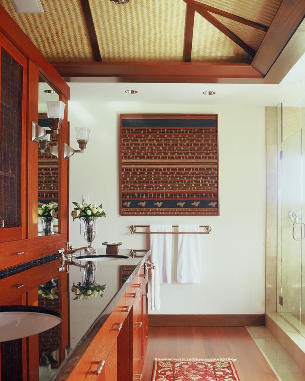 Tropical Master Bathroom with European Cabinets, Simple granite counters, Simple Granite, Paint 1, Exposed beam, can lights