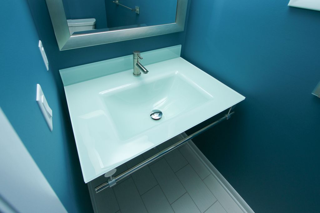 Contemporary Powder Room with Paint, Usa made rayne modern stainless silver wall mirror, Powder room, Wall mounted sink