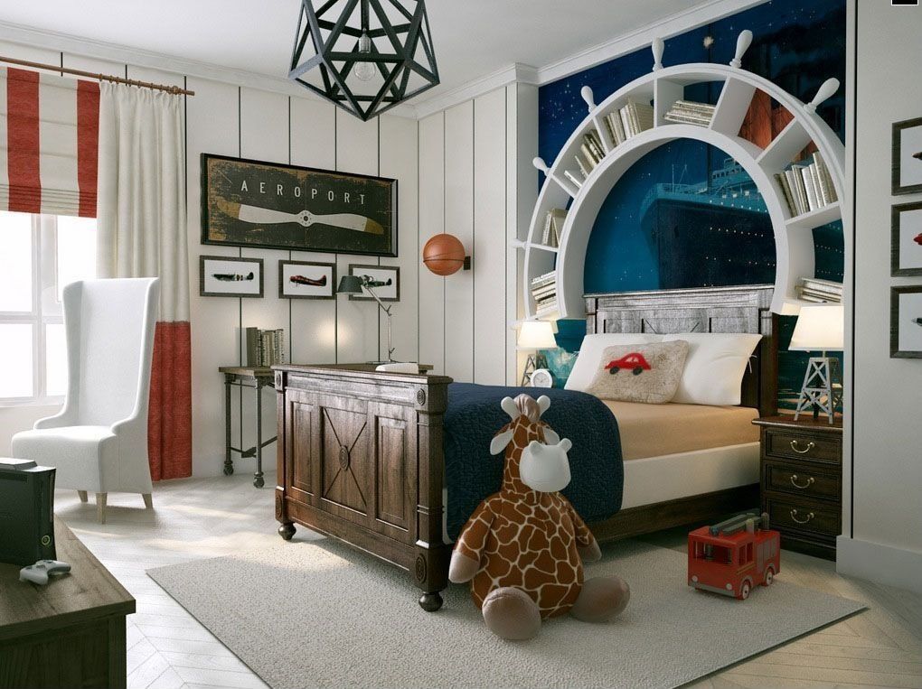 Traditional Kids Bedroom with Built-in bookshelf, Patton Back CM28643 Thin Striped Wallpaper, Pendant light, Hardwood floors