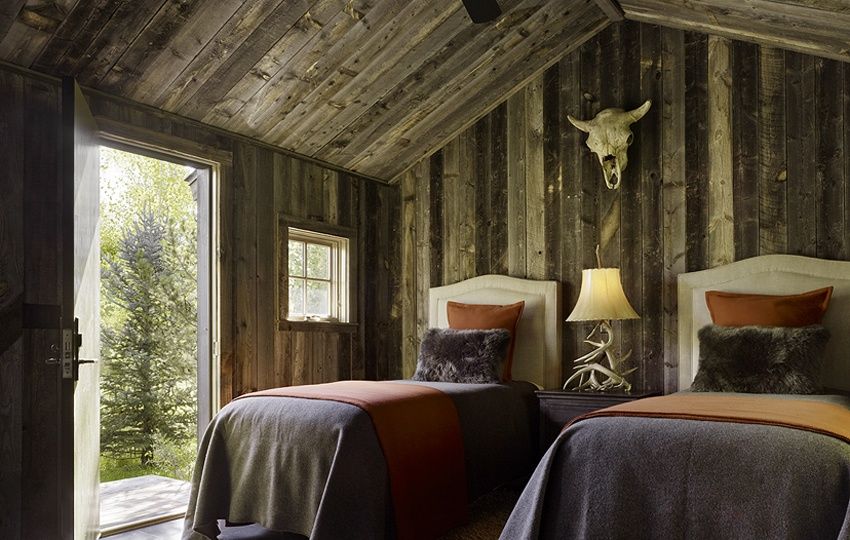 Eclectic Guest Bedroom with Elm Wood Antique Reclaimed Grey Original Barn Wood Paneling, flat door, High ceiling, Casement