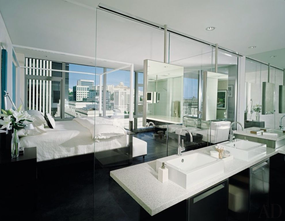 Contemporary Master Bathroom with Vessel sink, Concrete tile , Simple granite counters, can lights, Wall Tiles, Bathtub
