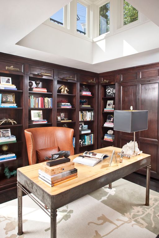 Traditional Home Office with High ceiling, Hardwood floors, Built-in bookshelf