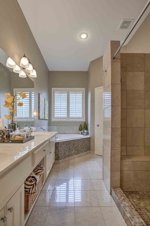 Traditional Master Bathroom with Limestone, Double sink, specialty door, Inset cabinets, Shower, stone tile floors, Paint