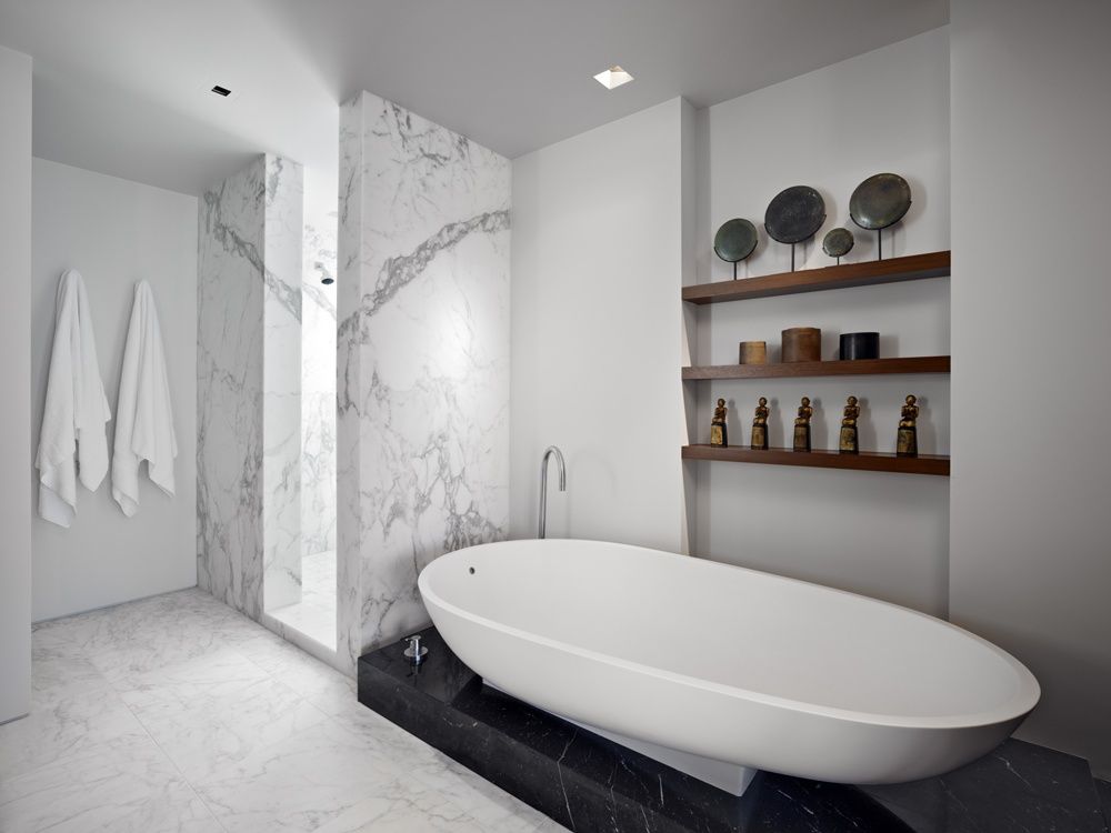 Contemporary Master Bathroom with Freestanding, Bathtub, no showerdoor, Shower, Standard height, can lights, Master bathroom