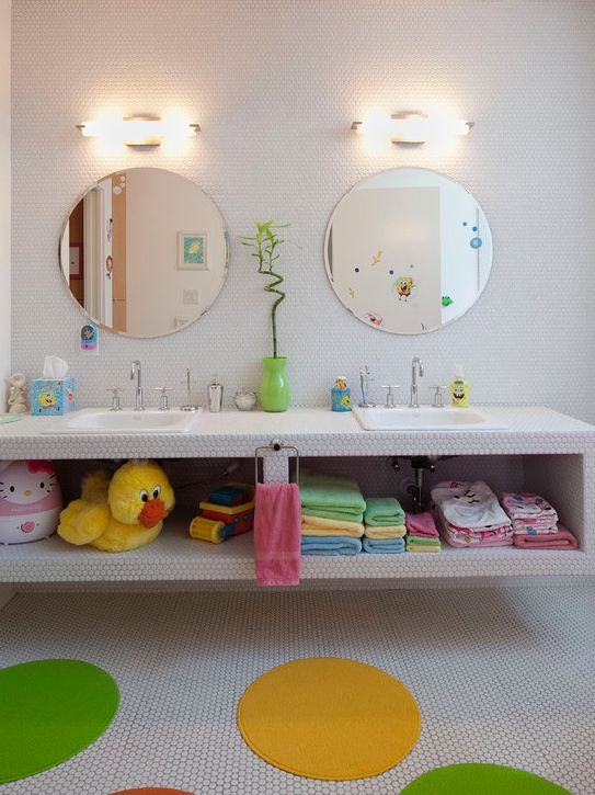 Contemporary Kids Bathroom with Palmera 2 Light Wall Sconce, Double sink, penny tile counters, Kids bathroom