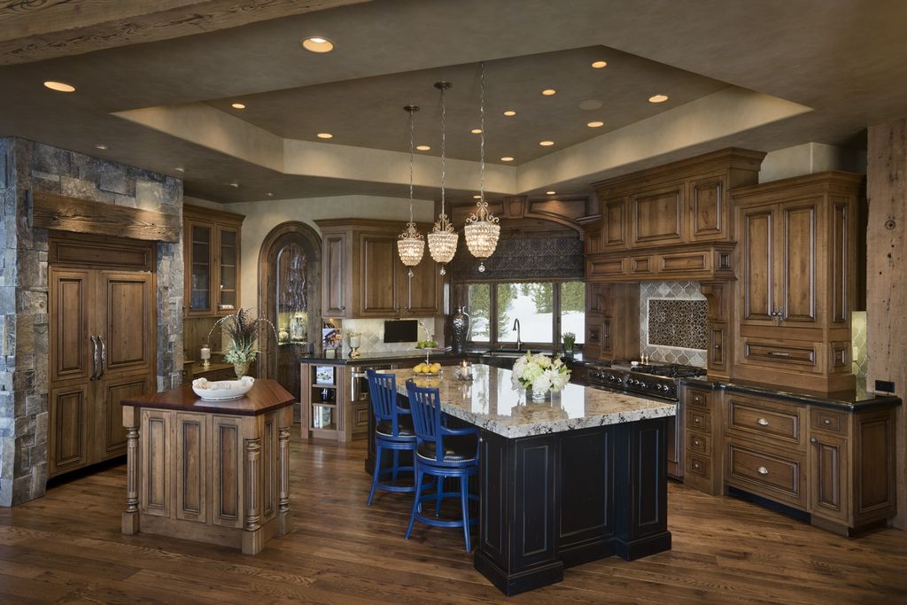 Rustic Kitchen with Large Ceramic Tile, Crystorama Calypso 1 Light Mini Pendant, Complex granite counters, Wood counters