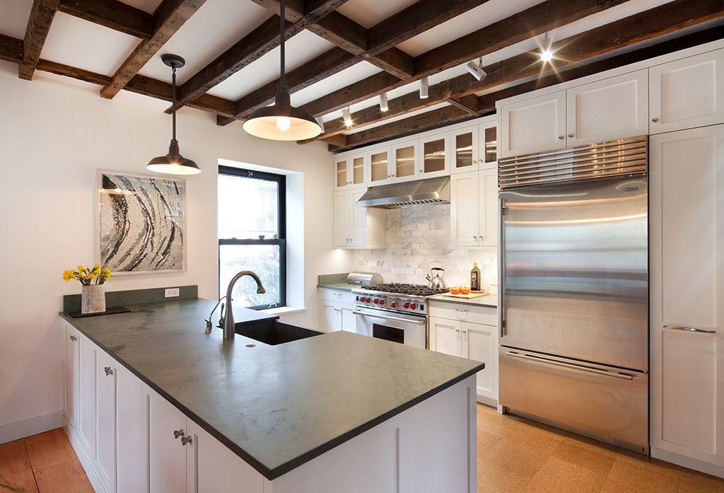 Eclectic Kitchen with Vintage barn pendant - slate grey, Glass panel, flush light, Pendant light, stone tile floors, Flush