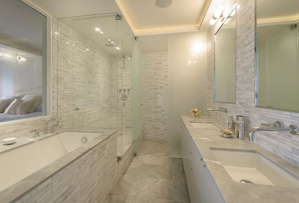 Contemporary Master Bathroom with can lights, Master bathroom, Wall Tiles, Shower, European Cabinets, frameless showerdoor