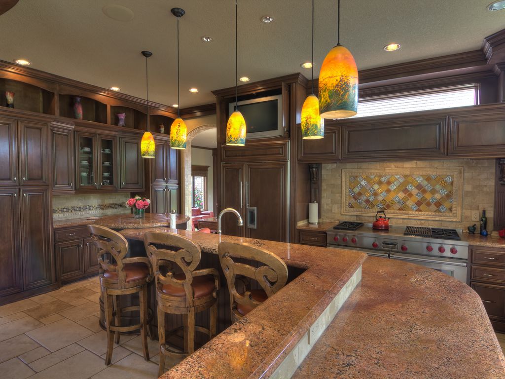 Mediterranean Kitchen with picture window, Glass panel, Built In Panel Ready Refrigerator, Ann sacks backsplash tile