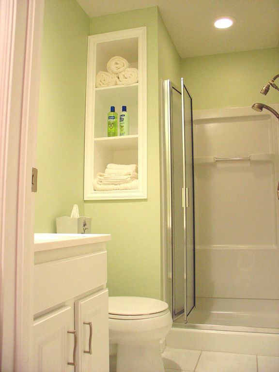 Contemporary 3/4 Bathroom with Shower, Handheld showerhead, three quarter bath, Limestone counters, Paint 1, Standard height