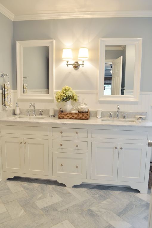 Traditional Master Bathroom with Standard height, Shades of Light Springfield Sconce with Linen Drum Shades 2 LT, Double sink
