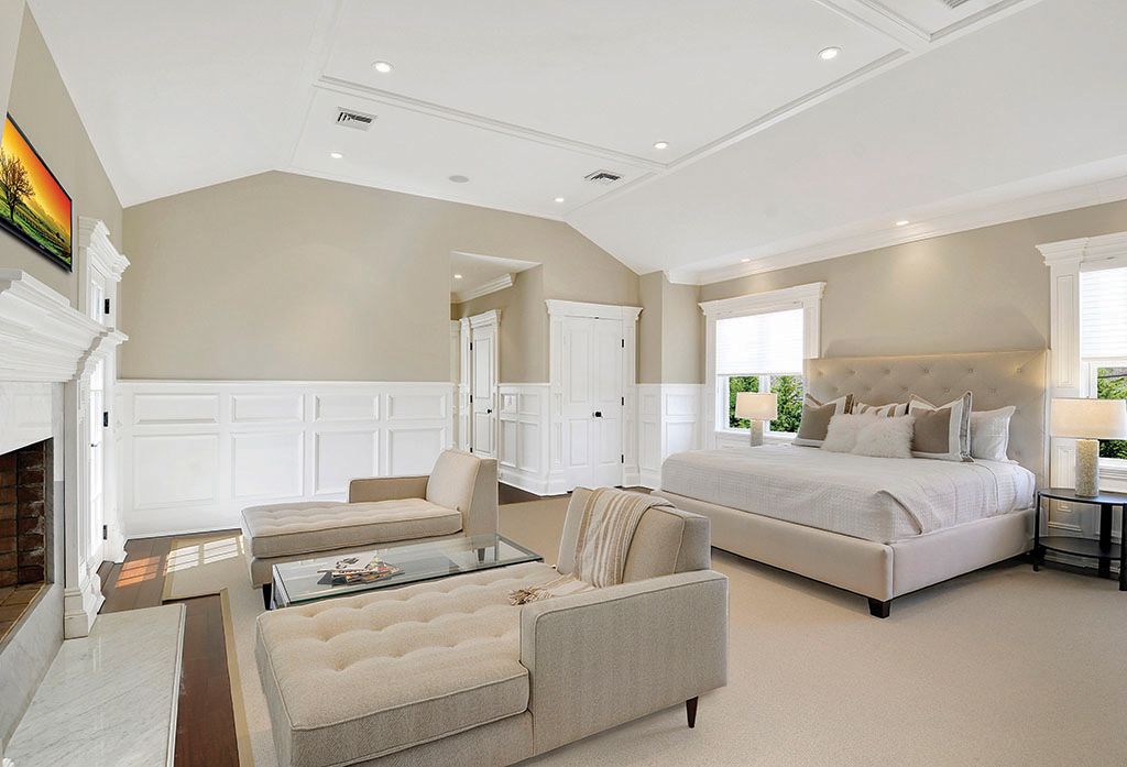 Modern Master Bedroom with Hardwood floors, Carpet, Wainscotting, Pottery Barn Lorraine Tufted Tall Bed & Headboard
